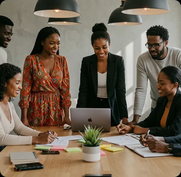 Team meeting around a table with a laptop